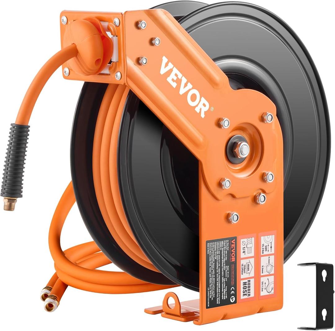VEVOR Retractable Air Hose Reel, 3/8IN x 50FT Rubber Air Hose Max 300PSI, Air Compressor Hose Reel Auto-Rewind with 5FT Lead in, Ceiling/Wall Mount Heavy Duty Single Arm Reel & 180° Swivel Bracket