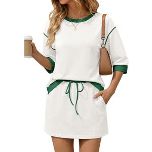 Tankaneo Womens Skirt Set 2 Piece Outfits Casual Sweatshirt Skort Set 3/4 Sleeve Color Block Matching Lounge Sets XL