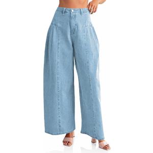 PLNOTME Womens Baggy High Waisted Jeans Loose Boyfriend Wide Leg Side Pleated Denim Pants (Blue)