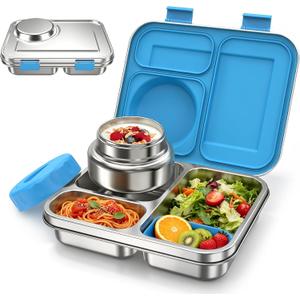 Stainless Steel Bento Box Kids Adult with 8oz Soup Thermo, 3 Compartments Metal Bento Lunch Box with Insulated Food Jar,Lunch Box Container Sauce Cup for School,BPA-Free(Blue)
