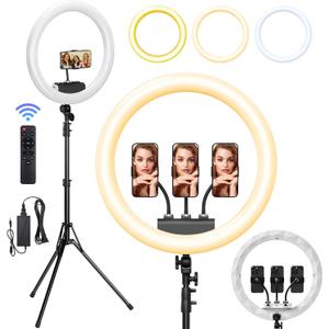 Ring Light with Stand, 19in LED Selfie Circle Light, Max 8ft/2.5m Tripod Stand, 3 Holders for iPhone, Remote Control, 6300K Color Temperature for Live Streaming, Barber, Makeup, YouTube, Tiktok (White)