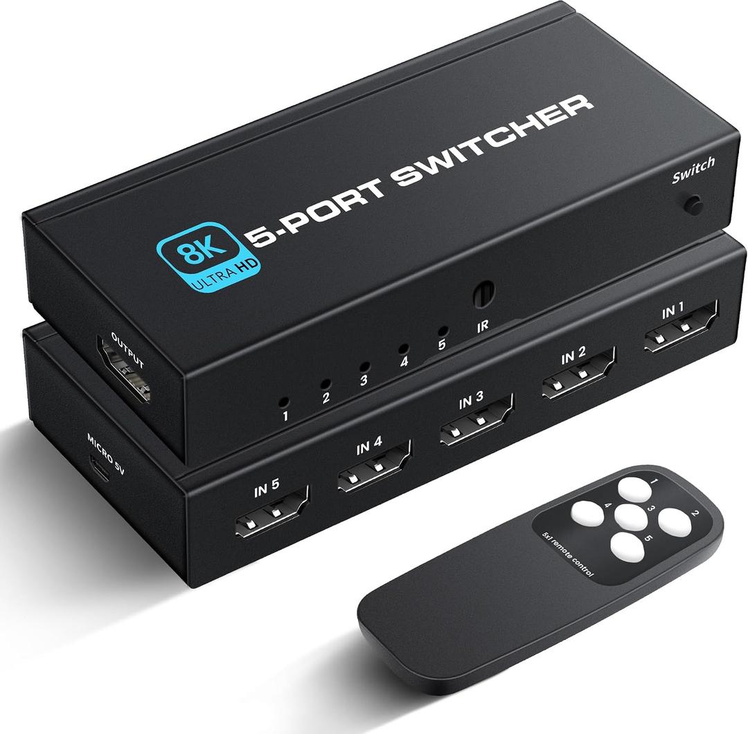 NEWCARE HDMI 2.1 Switch, 5-Port HDMI 8K Switch with Remote Supports 4K@120Hz, 8K@60Hz Auto CEC 3D HDCP2.3, Ultra HD HDMI Switcher Splitter Compatible with PS5/4/3, Xbox,roku, Fire Stick