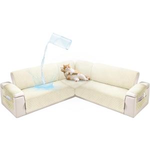 Sectional Couch Covers for Dogs 100% Waterproof Corner L Shaped Sofa Cover Pet Friendly Velvet Washable Anti Slip L Shape Modular Sofa Slipcover Protector with Pockets (Ivory White, XX-Large)