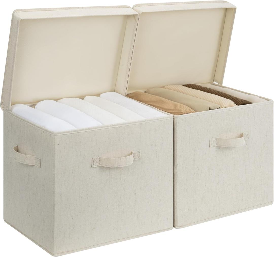 StorageWorks Fabric Storage Bins with Lids, Stackable Closet Storage Boxes With Handles, Decorative Storage Organizers, 15" x11x12, Beige, 2-Pack