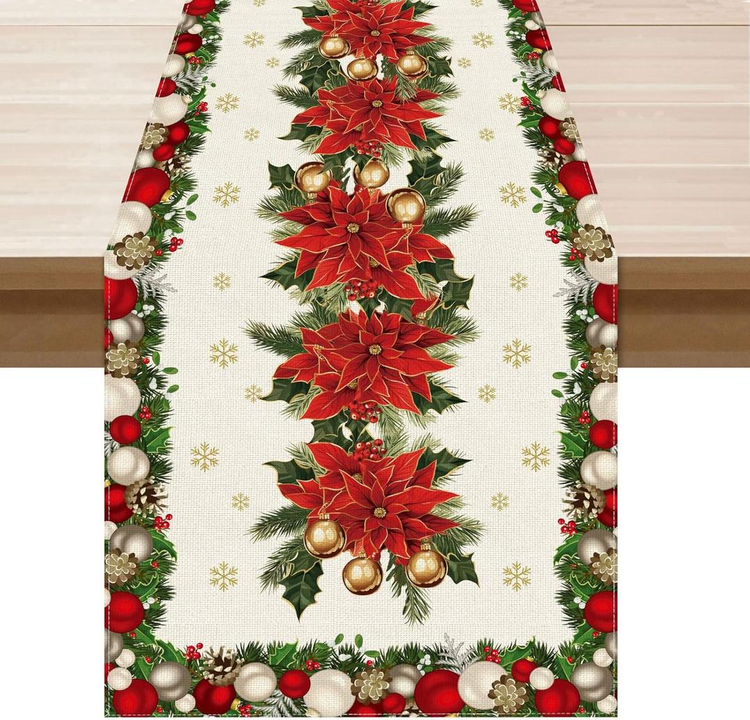 Flower Snowflakes Christmas Winter Xmas Cloth Table Runner Burlap Table Decoration for Home Kitchen Dining Dinner Indoor Holiday Farmhouse Decor 13x36 Inch