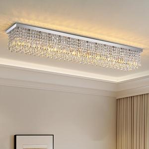 7PM Rectangular Chandelier, Modern Dining Room Light Fixture with Raindrop Chandelier Crystals, 13-Light Flush Mount Rectangle Chandelier for Dining Room Kitchen,Chrome Finish L59'' x W10'' x H9''