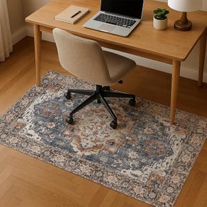 Washable Non-Slip Backing 3x5 Oriental Area Rug for Living Room, Turkish Cotton Rug for Entryway Kitchen Bathroom Entrance, Foldable Soft Vintage Carpet with Rustic Design in Blue