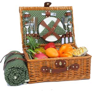 Picnic Basket for 4 Persons with Waterproof Picnic Blanket and Insulated Cooler, Large Wicker Picnic Basket for Camping, Outdoors, Valentine's Day, Christmas, Birthday, Wedding Gift (Green & White Spots)