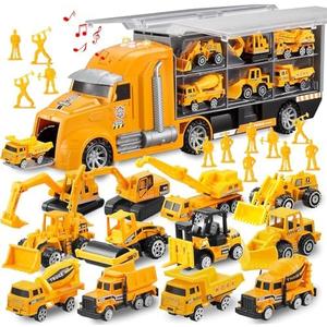 JOYIN 25 in 1 Die-cast Construction Play Vehicle Set, Vehicles with Sounds and Lights in Carrier Truck, Push and Go Car Toy, Kids Birthday Gifts for Over 3 Years Old Boys
