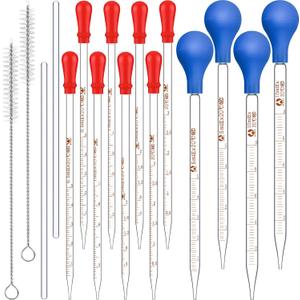16 Pieces Glass Pipettes Graduated Dropper 2 Pcs 0.5 ml to 10 ml Glass Liquid Dropper with Rubber Caps 2 Pcs 20 cm Stir Rod and 2 Washing Brush for Transfer Liquid Essential Oil