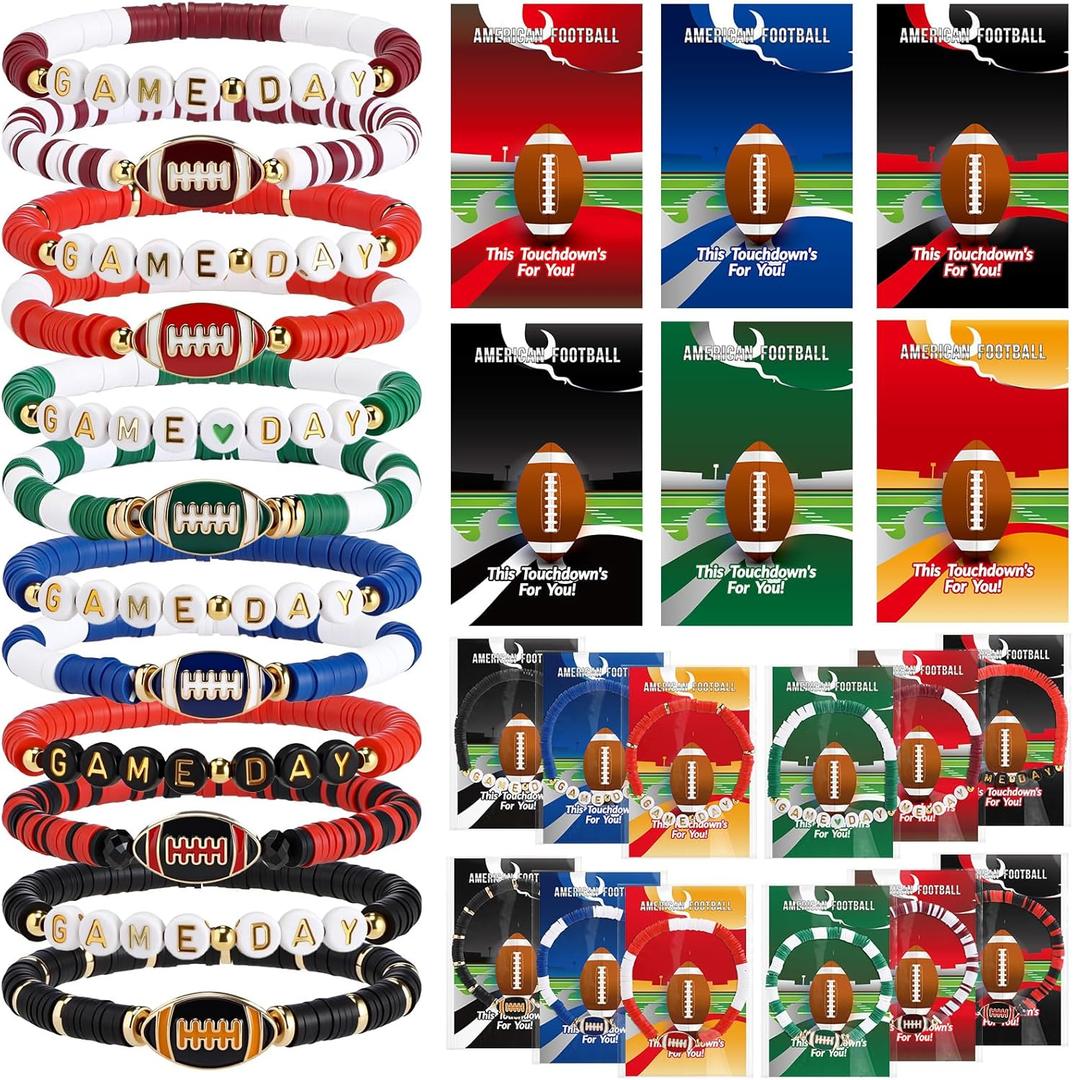 Quelay 24 Set Game Day Football Bracelets Gifts Stackable Clay Beaded Stretch Bracelets Jewelry Adjustable Friendship with Gift Cards for Football Fans Player Coaches Sports Team Party Favor