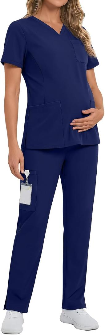 Women's Maternity Scrub Set V Neck Top Side Slit Stretchy Scrub Pants Pregnancy Nurse Uniform with 9 Pockets