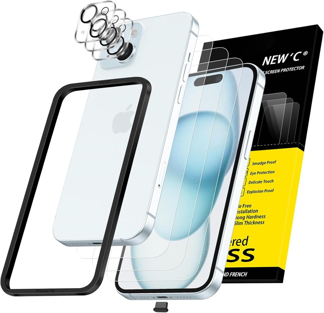 NEW'C 3X for iPhone 15 Screen Protector (6.1 inches)+ 3X Camera Lens Protector, Sensor Protection, Case Friendly Tempered Glass Film + Dust Plug- Easy Installation Tool Include (Transparent)