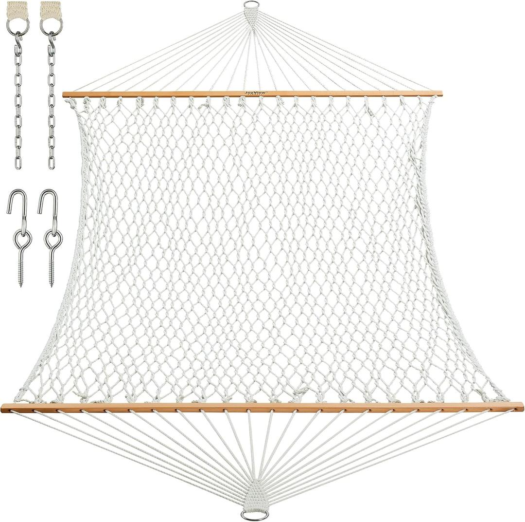 JoyView Traditional Rope Double Hammock - Hand Woven Polyester Hammock with Hardwood Spreader Bar 450lb Capacity for Outdoor Indoor Patio Yard - White