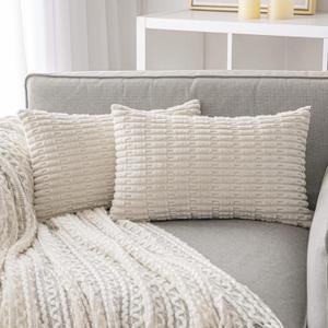 ANRODUO Pack of 2 Cream White Pillow Covers Decorative Throw Pillows 12x20 Inch for Couch Bed Living Room Soft Corduroy Striped Lumbar Cushion Case Boho Throw Pillows Neutral Room Fall Room Decor