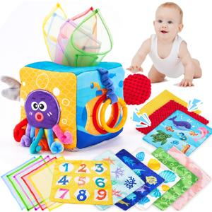 hahaland Baby Tissue Box Toy - Baby Toys 6-12 Months Montessori Toys for 6 Month Old with Textured Tails, Crinkle Tissues, Squeaky, Mirror, Play Silks Sensoy Scarves Baby Gifts 9 Month Old Travel Toys
