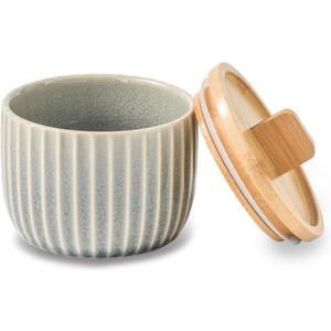Salt Cellar Keeper with Bamboo Lid, 14oz Big Capacity Ceramic Sugar Bowls Pepper Box, Crackle Glaze Seasoning Container Condiment Pot for Kitchen (Grey Color) (Gray)