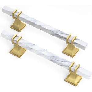 homdiy 10 Pack 5 Inch Marble Cabinet Pulls, White Marble Grain Kitchen Cabinet Handles Gold and White Dresser Drawer Pulls (5 inch (128mm) hole center)