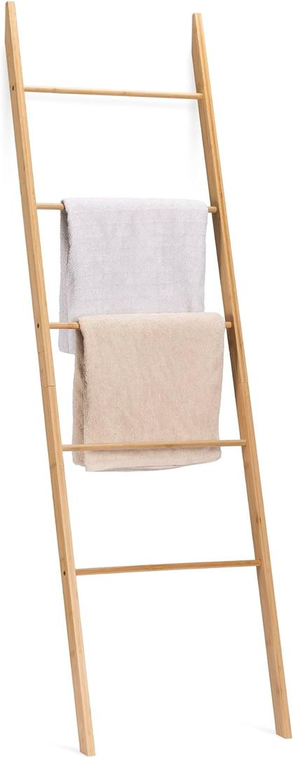 Navaris Bamboo Towel Ladder - Wood Rack for Towels, Clothes, Blankets - Wall Leaning Wooden Rack for Bathroom, Bedroom - 5-Tier Towel Holder Stand