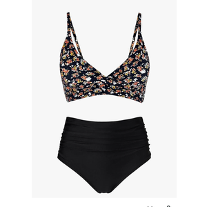 Women's High Waisted Bikini Sets Push Up Twist Front Spaghetti Straps Ruched Two Piece Swimsuit Bathing Suit Flower Black Medium