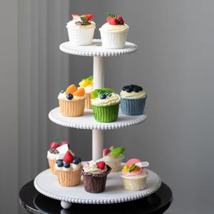 3-Tiered Cupcake Stand, White Wooden Beaded Cupcake Tower for Home Decoration, Farmhouse Cake Stand 3-Tiered Tray for Display Birthday Wedding Baby Shower Tea Party Decor