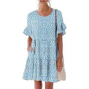 nclook Womens Summer Casual Dresses Sweet Cute Crew Neck Mini Dress with Pockets Ruffle Short Sleeve Small