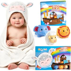 Noah's Ark Baptism Gifts, 7-Piece Christening Gift Set with Hygienic Sealed Bath Toys, Soft Hooded Lamb Towel, Storybook & Washcloth for Newborn Dedication, Baby Shower & Religious Gift