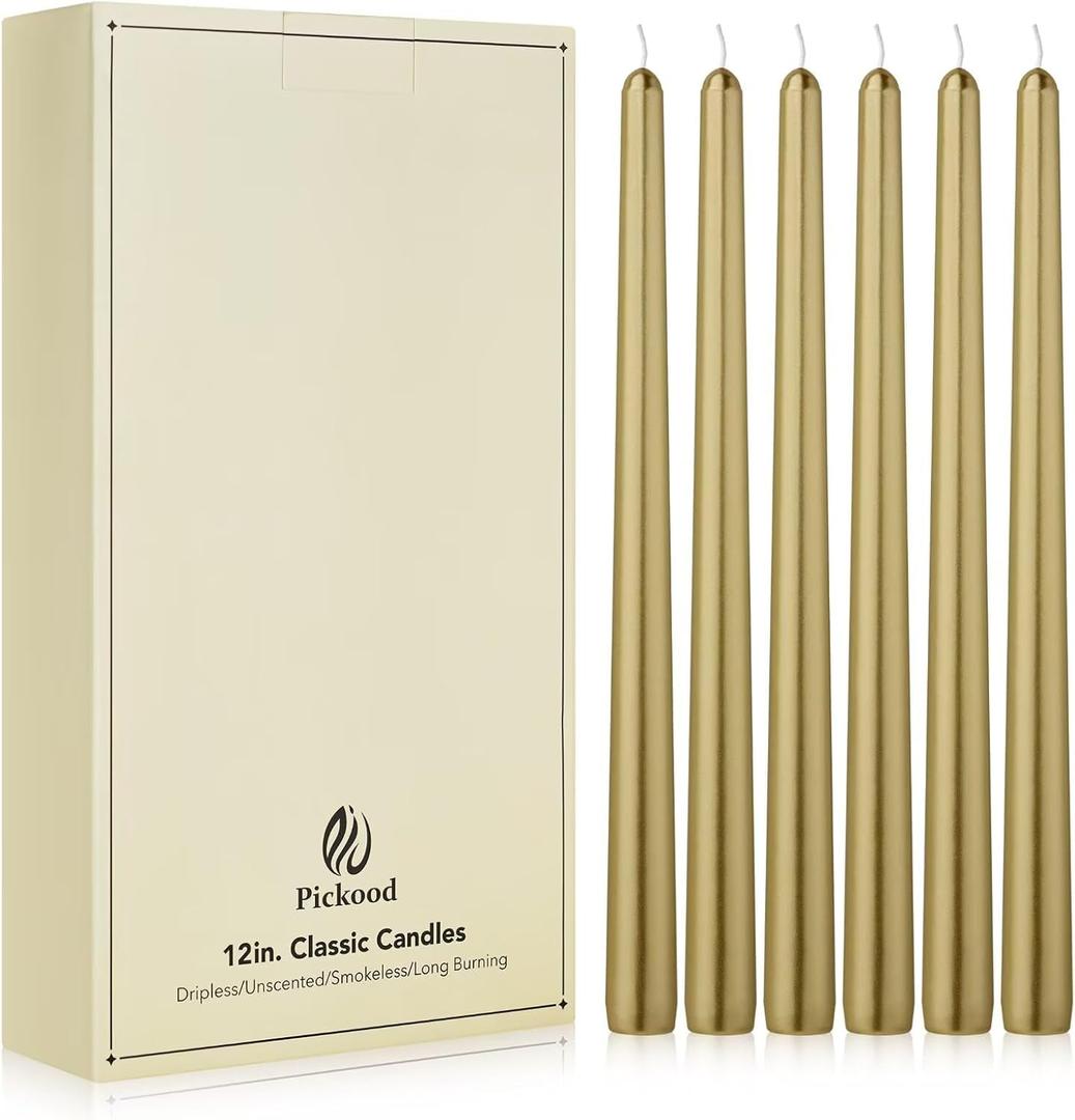 New Burning Formula Unscented Dripless 12-Inch Taper Candles Set of 12 - Gold, for Wedding, Dinner - Smokeless, Long Burning - Hand Poured, Colored Tall Candlesticks - Oro