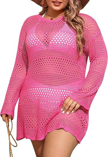Beautife Womens Plus Size Swimsuit Cover Up Crochet Long Sleeve Mesh Knit Crew Neck Beach Coverup Dress 