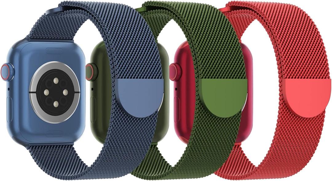 3 Pack Mesh Metal Band Compatible with Apple Watch Band 38mm 40mm 41mm 42mm 44mm 45mm 46mm 49mm, Stainless Steel Magnetic Loop Strap for iWatch Ultra 3 2 1 Series 11/10/9/8/SE/7/6/5/4/3 Men Women (E-Blue/Grass Green/Red)