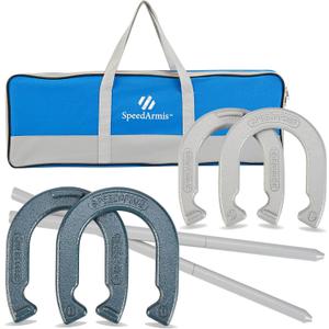 Horseshoes Outside Game Set - Universal Size Lawn Horseshoes Outdoor Games for Parties Beach Backyard, Includes 4 Horseshoes, 2 Steel Stakes and Durable Carrying Bag (Blue and Silver)