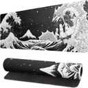 Black and White Japanese Wave Dragon Gaming Mouse Pad - Abstract Mat with Non-Slip Rubber Base, 31.5x11.8 Inch, Stitched Edges - Desk Pad for Office and Home