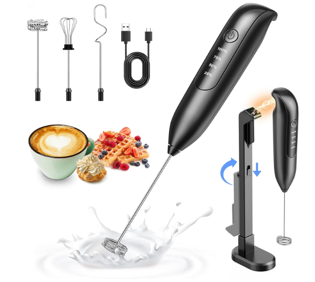 DynooperRechargeable Milk Frother Hanheld, Dual Coil Whisk Head Electric Coffee Frother, Portable Hand Frother Wand Drink Mixer for Matcha Lattes Cappuccino, Kitchen Gifts, Black
