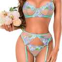 Kaei&Shi Garter Lingerie for Women, Underwire Floral Embroidered Sheer Sexy Lingerie, Matching Thong 3 Piece Lingerie Sets Boudoir Valentines Petite Mint Green, Small