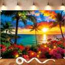 Sunset Beach Backdrop Banner 8x6FT, Large Tropical Backdrop with Ribbon & 4 Brass Grommets, Polyester Beach Photo Background for Summer Party, Luau, Photography