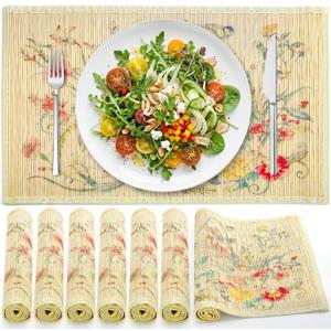 8 Pieces Bamboo Placemats, Woven Heat Resistant Rectangular Dining Table Mats, Non-Slip Washable Floral Print Table Placemat for Dining Room, Kitchen, Restaurant