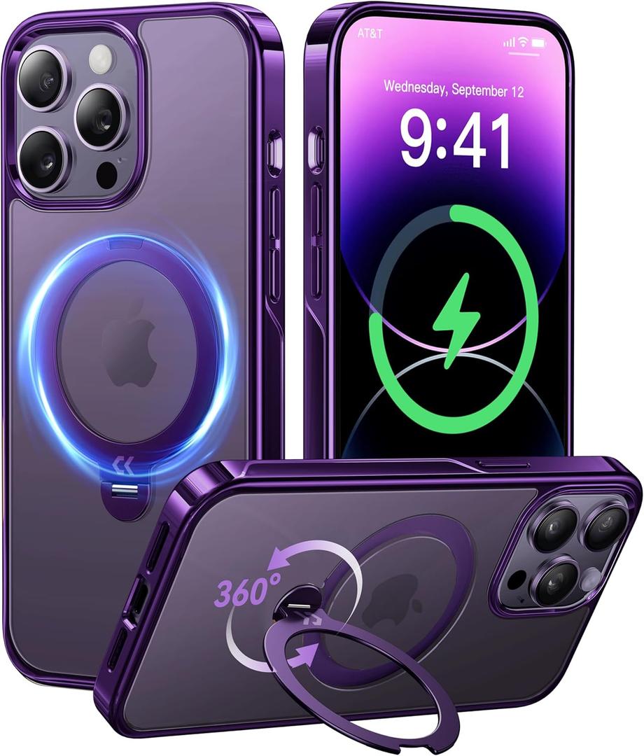 CASEKOO Royal Purple Titanium for iPhone 14 Pro Max Case with 360 Spin Magnetic Stand [Fit for MagSafe][16FT Military Protection] Polished Clear for iPhone 14 ProMax Case Ring 6.7'', Deep Purple