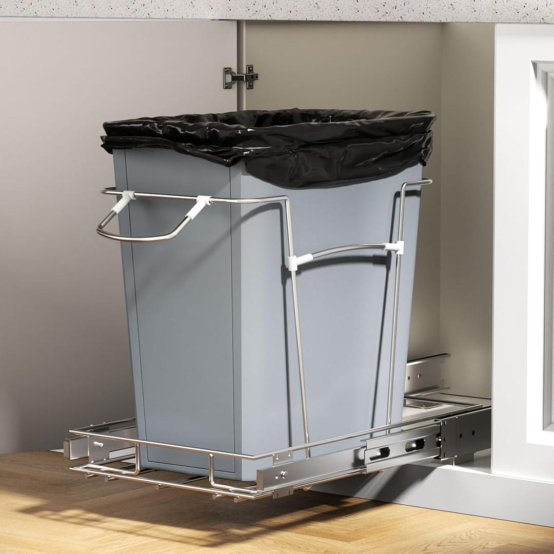 Pull Out Trash Can for Kitchen Cabinets, 35 Qt Under Sink Garbage Bin with Full Extension Slides, Fits 13" W x 18" D Opening Cabinets, Heavy-Duty Steel Organizer, Silvery (Trash Can Not Included)