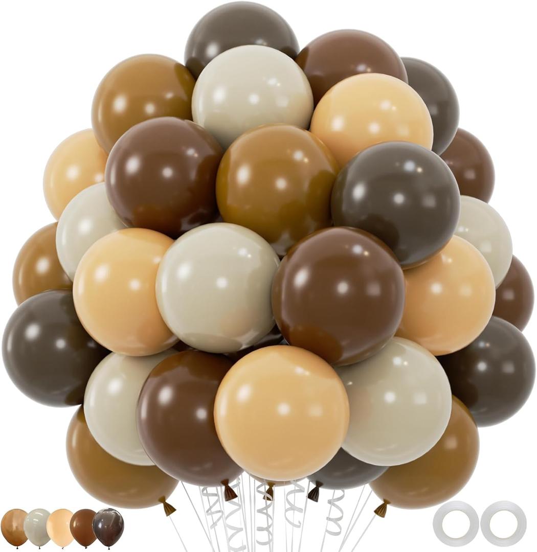 100pcs Brown Balloons Set - 12 Inch Dark Brown, Coffee, Sand White & Neutral Balloons for Boho, Safari, Cowboy, Bridal Baby Shower, Graduation Party Decoration (with 2 Ribbons)