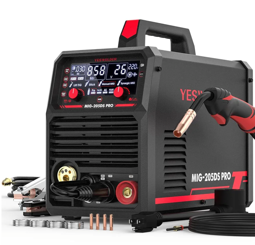 YESWELDER MIG-205DS PRO MIG Welder, 200Amp 110/220V Dual Voltage MIG Welding Machine, 5 in 1 Gas MIG/Flux Core MIG/Spool Gun MIG/Lift TIG/Stick Multiprocess Aluminum MIG Welder, Spool Gun Compatible