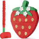 Wernnsai Red Strawberry Piata For Kids - Strawberry Baby Shower Piata Strawberry Birthday Party Decorations Summer Fruit Themed Party Game Supplies With Bat Blindfold 16.5" 11.6" 3"