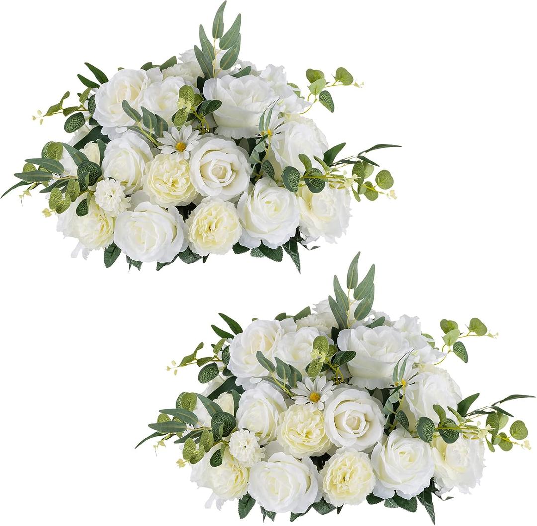 NUPTIO Large Flower Centerpieces for Tables: 17.7 inch Diameter White Artificial Flower Ball Arrangement for Wedding Party Centerpiece - 2 Pcs Fake Floral Rose for Bridal Shower Decorations