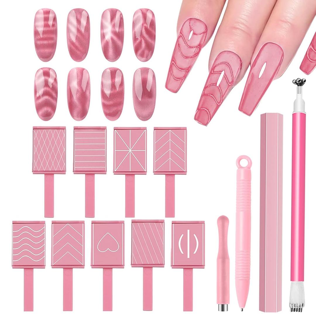 JERCLITY 13 Pieces Pink Series Cat Eye Magnet for Nails Double-Ended Hexagon Strong Nail Magnet Stick for Nail Art Flower Cat Eye Magnetic Pen Line Stripe Magnetic for Cat Eye Gel Polish Nail Art
