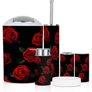 Bathroom Accessory Set 6 Piece Beautiful Pattern red Roses Black Toothbrush Holder, Toothbrush Cup, Soap Dispenser, Soap Dish, Toilet Brush Holder, Trash can for Countertop Rustic Decor