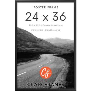 Craig Frames 24x36 Poster Frame  Matte Black 1WB3BK Style, 1 Inch MDF Moulding, Clear Plexiglass Face, Backing Board, Wall Hanging Hardware  Modern Art or Print Display