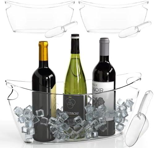 Clear Ice Buckets for Parties 3 Pack, 5.5L Clear Beverage Tub w/Handles & Scoops, Drink Buckets for Parties, Acrylic Beverage Tub, Mimosa Bar Supplies for Sparkling Wine Champagne Beer Drinks