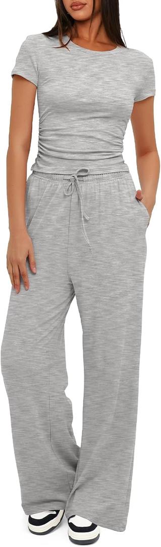 Darong Women's 2 Piece Set Summer Outfits Lounge Sets Ruched Short Sleeve Tops High Waisted Wide Leg Pants Tracksuit Sets (Medium)