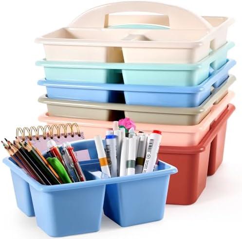 6 Pack Classroom Caddy with Handle Plastic Storage Caddy Organizer with 3 Compartments Desk Caddies Holder Portable Storage Bin for Pencil, Crayon, Marker, Home, Office, School Supply(Morandi Colors)