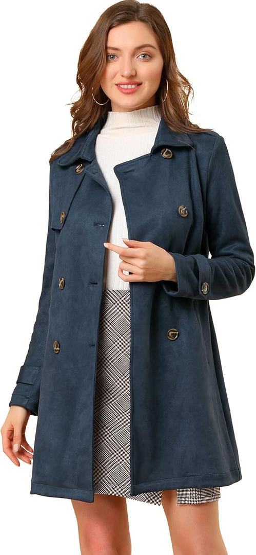 Allegra K Women's Faux Suede Trench Coat Notched Lapel Double Breasted Jacket with Belt (Blue, L)