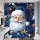 Christmas Santa Claus Shower Curtain 60Wx72L Winter Royal Blue Xmas Flower Holiday Bathroom Set Accessories Decor with 12 Pack Hooks
